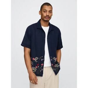 Gap Men’s 100% Linen Floral Embroidered Short Sleeve Button Down Shirt XS Blue